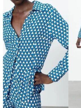 Zara Long Collar Shirt Blue Print Button up 100% Viscose Side Vents Size XL